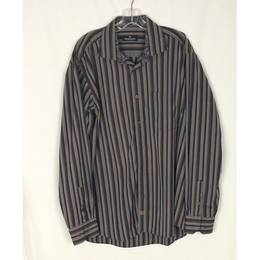 Bugatchi Mens Long Sleeve Striped Shirt Brown,‎ Blue Button Front Dress Shirt XL